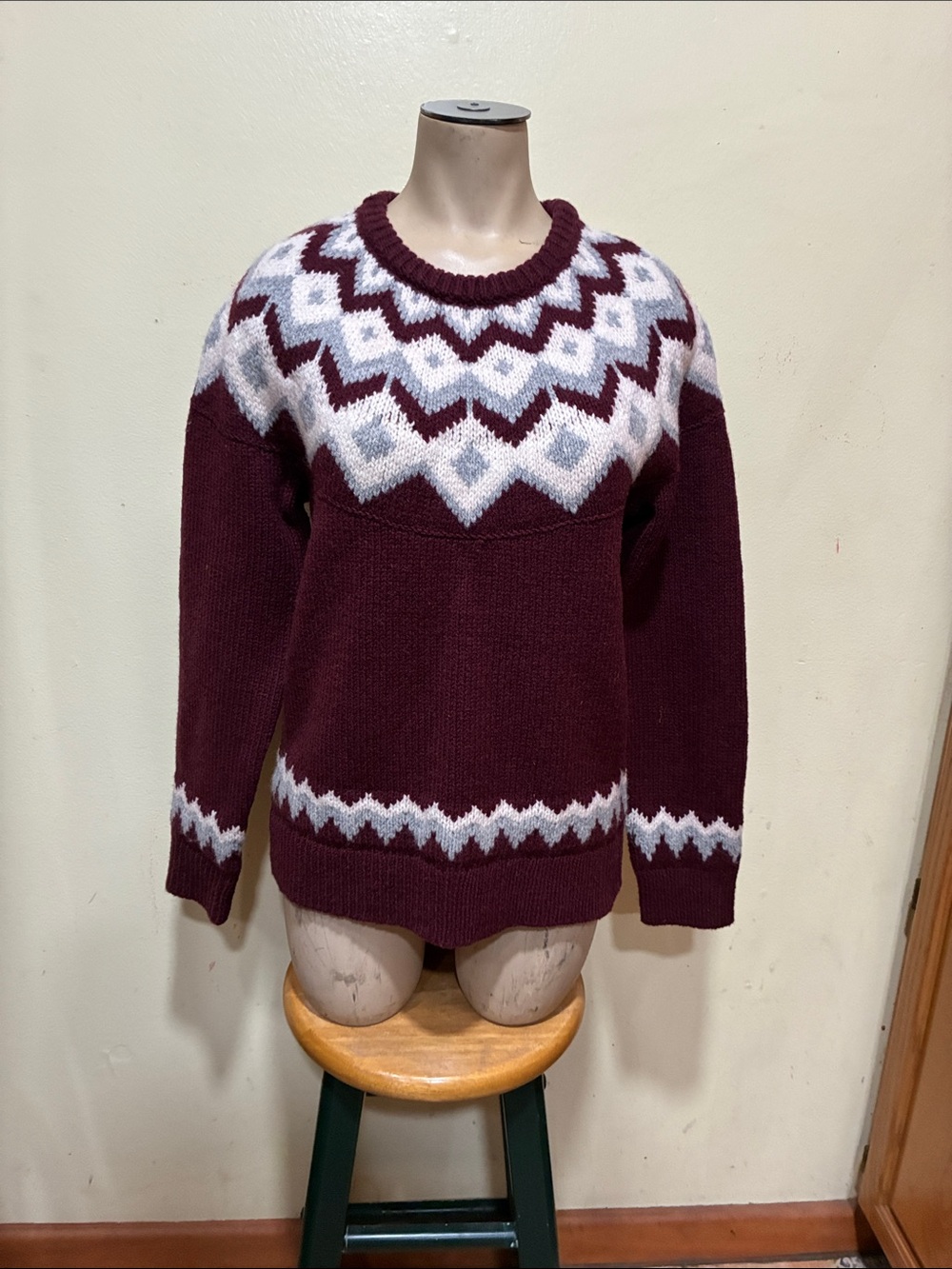 NWT L.L.Bean lambswool Fair Isle crewneck in a burgundy colorway